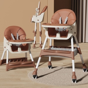 Scaun de masa pentru bebelusi si copii Flippy, cu roti, telescopic, pliabil, masuta reglabila, suport picioare, scaun invelis piele artificiala, centura siguranta, spatiu depozitare, 97 x 73 x 65 cm, maro - Img 4