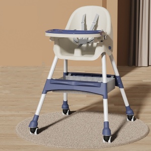 Scaun de masa pentru bebelusi si copii Flippy, cu roti, telescopic, pliabil, masuta reglabila, suport picioare, scaun invelis piele artificiala, centura siguranta, spatiu depozitare, 97 x 73 x 65 cm, albastru - Img 5