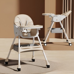 Scaun de Masa pentru Bebelusi si Copii, Flippy, cu Roti, Telescopic, Pliabil, Masuta Reglabila, Suport Picioare, Scaun cu Invelis Piele Artificiala, Centura Siguranta, Spatiu Depozitare, 97x73x65 cm, Bej - Img 4