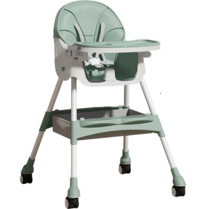 Scaun de Masa pentru Bebelusi si Copii, Flippy, cu Roti, Telescopic, Pliabil, Masuta Reglabila, Suport Picioare, Scaun cu Invelis Piele Artificiala, Centura Siguranta, Spatiu Depozitare, 97x73x65 cm, Verde - Img 1
