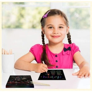 Set 100 de Foi de Hartie de Razuit, Flippy, cu Creion din Bambus, pentru Desen, 8.5 x 8.5, Curcubeu, Negru - Img 2