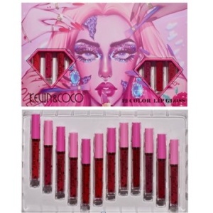 Set 12 Lip Gloss Kevin&Coco, nuante de rosu si rose, cutie dreptunghiulara, 26.5x16.5x2.2 cm, 200 g, multicolor - Img 1