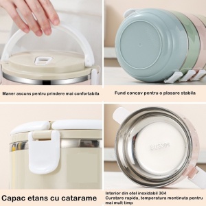 Set 2 Caserole pentru alimente Flippy, lunch box, 1400 ml, otel inoxidabil, maner, valva aerisire, 15.5 x 15 cm, inchidere etansa, multicolor - Img 3