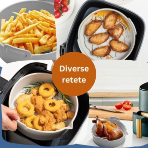 Set 2 tavi din silicon ecologic pentru air fryer Flippy, temperatura maxima 230 grade, reutilizabile, reciclabile, cu manere anti-alunecare, fund antiaderent, 18.7 x 19.5 x 7 cm, gri - Img 4