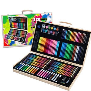 Set 220 Piese pentru Desen si Pictura, Flippy, Tip Servieta din Lemn, Model Natur, 48 x 30 x 5 cm, Multicolor - Img 1
