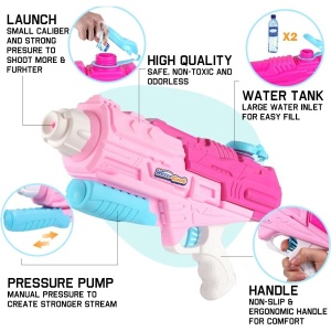 Set 2x Pistol cu Apa pentru Copii, Rezervor, Pentru Piscina/Plaja, Flippy, 6ani+, Roz + Albastru, 1200 ML - Img 4