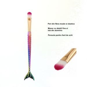 Set 3 Pensule pentru Machiaj Flippy, in Forma de Sirena, Electroplacate, Detalii Fine, Maner Ergonomic, Peri din Fibra Moale, Multicolor - Img 6