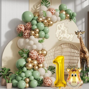 Set 30 Baloane Folie si Latex, Flippy, Tematica Prima Aniversare, Baloane Latex 30cm, 25cm, Figurina Girafa 32x34 cm, Frunza Palmier 15 cm, Cifra 1 76 cm, Multicolor - Img 3