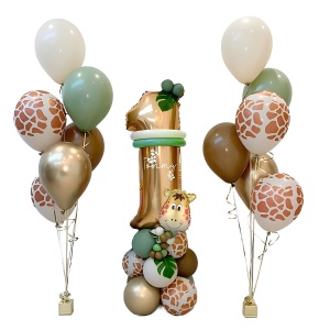 Set 30 Baloane Folie si Latex, Flippy, Tematica Prima Aniversare, Baloane Latex 30cm, 25cm, Figurina Girafa 32x34 cm, Frunza Palmier 15 cm, Cifra 1 76 cm, Multicolor - Img 1