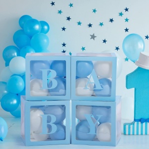 Set 4 Cutii pentru Baloane, Flippy, Model Scris Baby, Tematica Iubire, Cuburi Decorative din Plastic, Accesorii pentru Petrecere, 30 x30 cm, Transparente Contur Albastru - Img 5