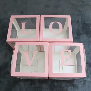 Set 4 Cutii pentru Baloane, Flippy, Model Scris Love, Tematica Iubire, Cuburi Decorative din Plastic, Accesorii pentru Petrecere, 30 x30 cm, Transparente Contur Roz - Img 2