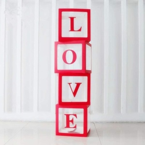 Set 4 Cutii pentru Baloane, Flippy, Model Scris Love, Tematica Iubire, Cuburi Decorative din Plastic, Accesorii pentru Petrecere, 30x30 cm, Transparente Contur Rosu - Img 2