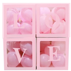 Set 4 Cutii pentru Baloane, Flippy, Model Scris Love, Tematica Iubire, Cuburi Decorative din Plastic, Accesorii pentru Petrecere, 30 x30 cm, Transparente Contur Roz - Img 1