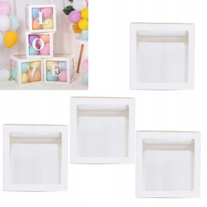 Set 4 Cutii pentru Baloane, Flippy, Model Simplu, Tematica Aniversare, Cuburi Decorative din Plastic, Accesorii pentru Petrecere, 30 x30 cm, Transparente Contur Alb - Img 2