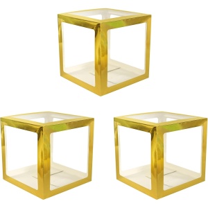 Set 4 Cutii pentru Baloane, Flippy, Model Simplu, Tematica Aniversare, Cuburi Decorative din Plastic, Accesorii pentru Petrecere, 30 x30 cm, Transparente Contur Auriu - Img 7