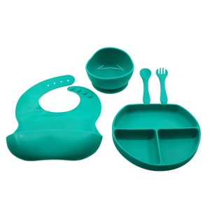 Set 5 piese diversificare bebelusi si copii din silicon Flippy, baveta, farfurie compartimentata cu ventuza, bol cu ventuza, tacamuri, fara alergeni, verde - Img 1