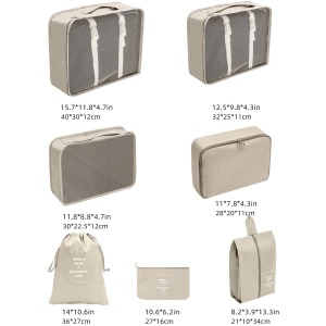 Set 7 Genti de Calatorie, Flippy, pentru Depozitare, Compresibile, 7 Dimensiuni, Impermeabile, Design cu Plasa, Pliabile, Manere Robuste, Fermoar dublu, Bej - Img 2