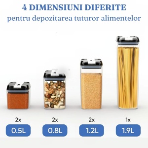 Set 7 Recipiente Organizare Alimente, Flippy, Inchidere Etansa, Etichete Reutilizabile, Cupe Masurare, 4 Dimensiuni Diferite, din Plastic Dur, Transparent - Img 2