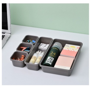 Set 8 cutii depozitare, pentru sertar, cosmetice, ustensile bucatarie, textile, plastic, gri, Flippy, 23.5 x 16 cm - Img 3