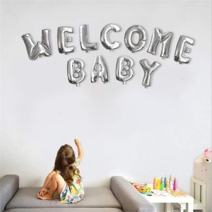 Set Baloane din Folie Metalizata, Flippy, Figurine Litere, Model Welcome Baby, Tema Aniversare, 40 cm, Ambalaj Individual, Pai inclus, Umflare cu Aer sau Heliu, Argintiu - Img 2