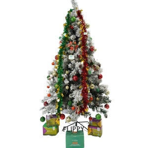 Set brad artificial de Craciun si elemente decorative, nins, decorat cu conuri pin, pentru interior/exterior, inaltime 210 cm, diametru 131 cm, 630 ramuri, Flippy, alb/verde, suport metalic inclus - Img 1