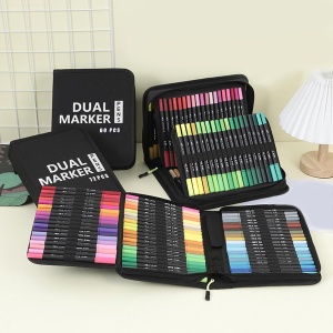 Set Carioci pe Baza de Apa, Flippy, 2 in 1, pentru Pictura, Caligrafie, 72 Culori, Penar Negru, Corp Carioca Negru, 24.5 x 18.5 x 5 cm, Multicolor - Img 6