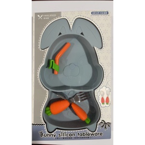 Set diversificare bebelusi Flippy, din silicon, 26 x 15 cm, 1 farfurie compartimentata in forma de iepure, lingurita si furculita, pai, perie pai, fara alergeni, ventuza fixare, forma creativa, bleumarin - Img 7