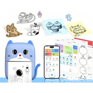 Set Mini Imprimanta Foto Portabila, Flippy, Include: 1x Set de Markere, 5x Role de Hartie Termica, 5x Role Hartie Adeziva, Incarcare USB, Bluetooth, Print Alb-Negru, Model Pisicuta, Albastru - Img 6