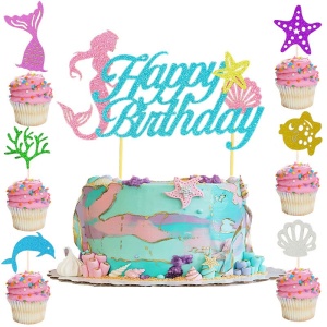 Set Toppere pentru Tort si Prajituri, Flippy, Tematica Sirena, Model Mare Scris Happy Birthday 16.5x8.2 cm, 6 Toppere Mici Model Marin 5x5 cm, Multicolor - Img 1