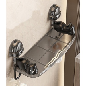Suport pentru Baie, Flippy, Montare pe Perete, Model Pisicute, ABS, Adeziv, Raft pentru Depozitare, 33.4x17.7 cm, Negru - Img 6