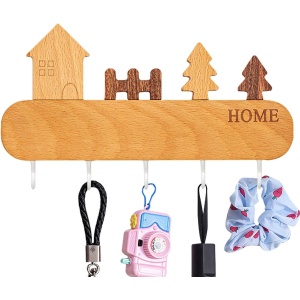 Suport pentru Chei, Flippy, din Lemn, Aplicare fara Perforare, Adeziv Inclus, 5 Carlige Albe, Model Casuta, Greutate Suportata 5 kg, 13.5 x 23 cm, Maro - Img 3
