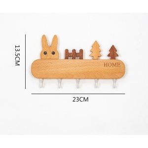 Suport pentru Chei, Flippy, din Lemn, Aplicare fara Perforare, Adeziv Inclus, 5 Carlige Albe, Model Iepure, Greutate Suportata 5 kg, 13.5 x 22 cm, Maro - Img 3