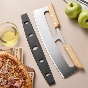 Taietor Feliator de Pizza, Flippy, din Otel Inoxidabil, cu Capac, Maner din Doua Bucatie, din Lemn, Antialunecare, Lama Neteda si Ascutita, 34x10 cm, Maro - Img 9