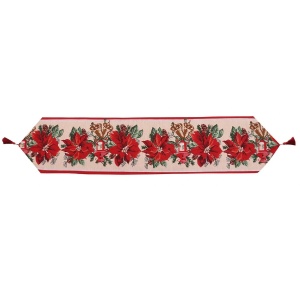 Traversa de Masa pentru Craciun, Flippy, Napron, din Material Tricotat cu Tesatura Groasa, Model Flori Rosii, cu Colt si Ciucure, 173x34x0.2 cm, Alb/ Rosu - Img 1