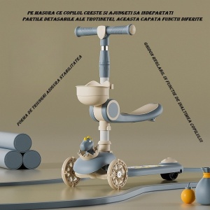 Trotineta Multifunctionala 3 in 1, Flippy, pentru Copii, 1-7 Ani, cu Lumini si Muzica, Reglabil 360, Pliere Usoara, Reglarea Inaltimii, Model Dinozaur, Bej/Albastru - Img 3