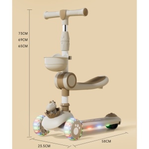 Trotineta Multifunctionala 3 in 1, Flippy, pentru Copii, 1-7 Ani, cu Lumini si Muzica, Reglabil 360, Pliere Usoara, Reglarea Inaltimii, Model Dinozaur, 67-76 x 24 x 55 cm, Alb/Bej - Img 4