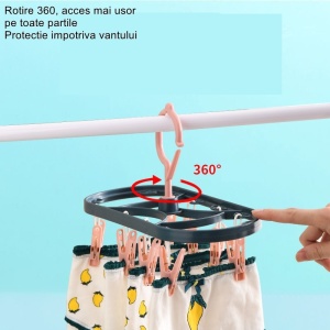 Uscator de Rufe Suspendat Flippy, cu 12 Carlige, Rotire 360 Grade, Protectie Vant, Mateiral Plastic, Usor de Depozitat, Multifunctional, 30 x 12.5 cm, Albastru/Roz - Img 3