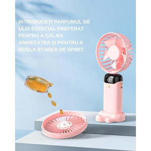Ventilator Ultra Portabil cu Aromaterapie, Flippy, 3 in 1, de Mana, de Birou, de Gat, 5 Trepte de Viteza, Incarcare USB, Autonomie 12h, Pliabil, cu Ecran LCD, Roz - Img 5