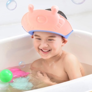 Viziera de Protectie Baie Pentru Copii, Fippy, Model Broasca, Dimensiune ajustabila, Durabil, Usor de curatat, Impotriva Samponului, pentru Ochi si Urechi, TPE+PP, 24x23 cm, Roz - Img 3