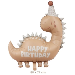 Balon din Folie Metalizata, Flippy, Figurina Animata, Model Dinozaur Happy Birthday, 80 x 77 cm, Ambalaj Individual, Pai Inclus, Umflare cu Aer sau Heliu, Maro - Img 2