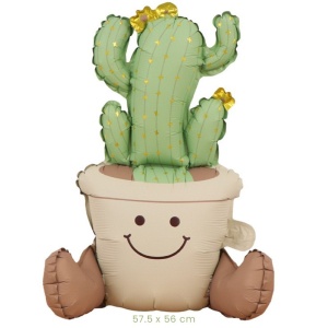 Balon din Folie Metalizata, Flippy, Figurina Animata, Model Ghivechi Cactus, 57.5 x 56 cm, Ambalaj Individual, Pai Inclus, Umflare cu Aer sau Heliu, Verde - Img 2