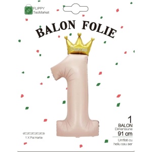 Balon din Folie Metalizata, Flippy, Figurina Cifra 1, Model Coroana Printesa, 91 cm, Ambalaj Individual, Pai inclus, Umflare cu Aer sau Heliu, Roz - Img 5
