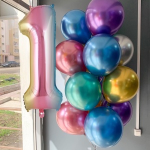 Balon din Folie Metalizata Flippy, Figurina Cifra Gradient, Tema Aniversare 40 cm, Ambalaj Individual, Pai inclus, Umflare cu Aer sau Heliu, Multicolor, Cifra 1 - Img 5