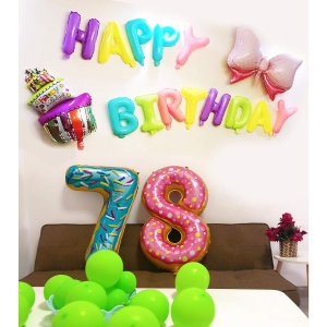 Balon din Folie Metalizata Flippy, Figurina Cifra, Imprimeu Gogosi, Tema Aniversare 100 cm, Ambalaj Individual, Pai inclus, Umflare cu Aer sau Heliu, Multicolor, Cifra 7 - Img 7