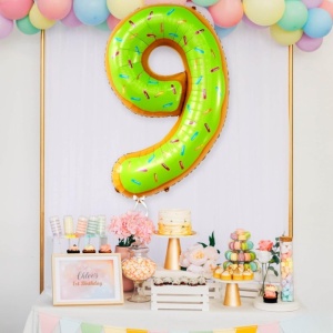 Balon din Folie Metalizata Flippy, Figurina Cifra, Imprimeu Gogosi, Tema Aniversare 100 cm, Ambalaj Individual, Pai inclus, Umflare cu Aer sau Heliu, Multicolor, Cifra 9 - Img 4