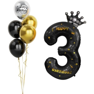 Balon din Folie Metalizata Flippy, Figurina Cifra si Coroana, Scris Happy Birthday, Tema Aniversare 100 cm, Ambalaj Individual, Pai inclus, Umflare cu Aer sau Heliu, Negru, Cifra 3 - Img 3
