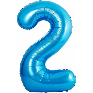 Balon din Folie Metalizata Flippy, Figurina Cifra si Coroana, Tema Aniversare 100 cm, Ambalaj Individual, Pai inclus, Umflare cu Aer sau Heliu, Albastru, Cifra 2 - Img 2