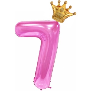 Balon din Folie Metalizata Flippy, Figurina Cifra si Coroana, Tema Aniversare 100 cm, Ambalaj Individual, Pai inclus, Umflare cu Aer sau Heliu, Roz, Cifra 7 - Img 1