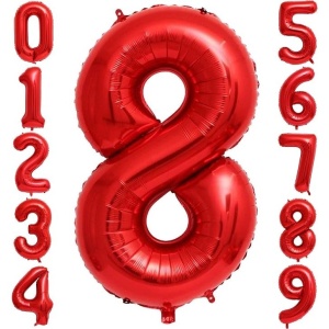 Balon din Folie Metalizata Flippy, Figurina Cifra, Tema Aniversare 100 cm, Ambalaj Individual, Pai inclus, Umflare cu Aer sau Heliu, Rosu, Cifra 8 - Img 5