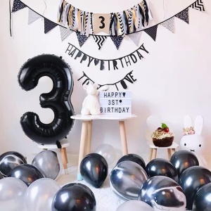 Balon din Folie Metalizata, Flippy, Figurina Cifra, Tema Aniversare 100 cm, Ambalaj Individual, Pai inclus, Umflare cu Aer sau Heliu, Negru, Cifra 3 - Img 4